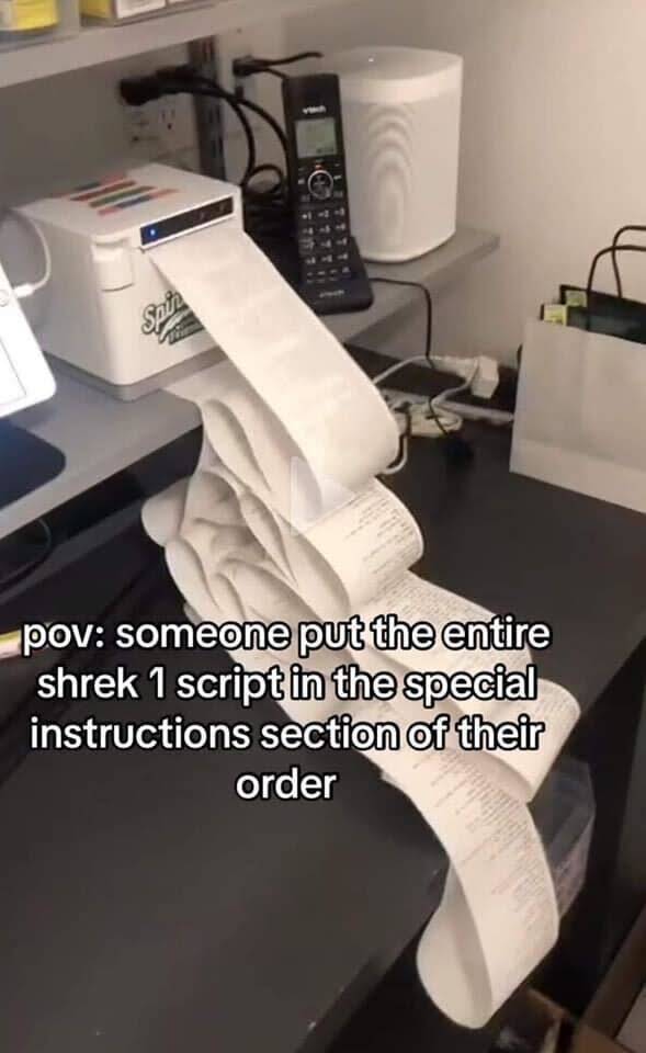 pov: someone put the entire shrek 1 script in the special instructions section of their order