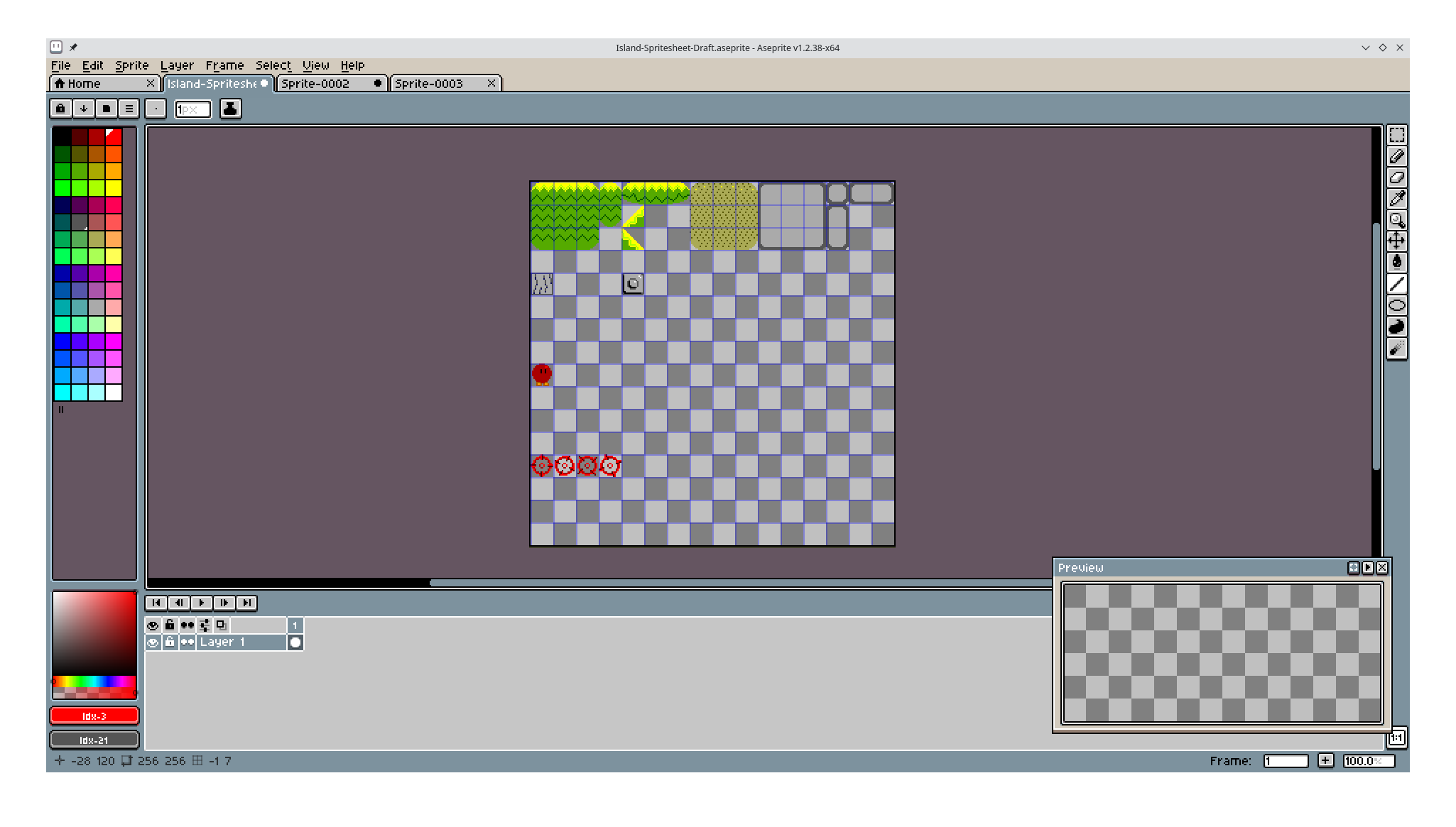 My sprite sheet so far. Includes some environment blocks for grass, sand, and stone, plus a character and a targeting reticule.