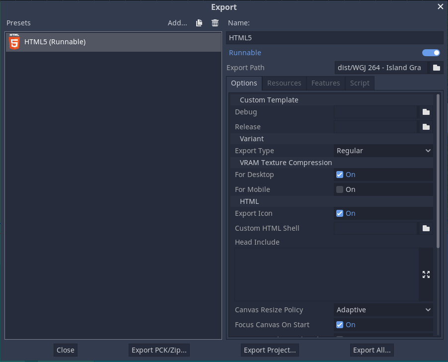 My project's export dialog