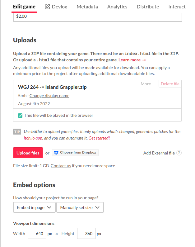 My project's itch.io page in the edit view, showing where to upload the game