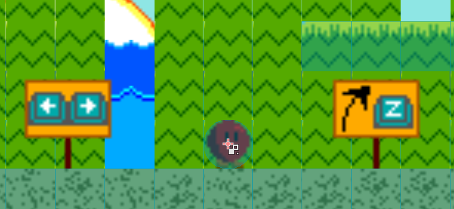 My player character, next to some signs explaining how to move them